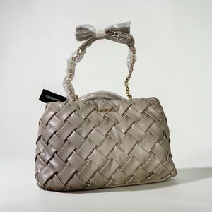 bebe Braided Shoulder Bag in Taupe Gray with Gold Chain